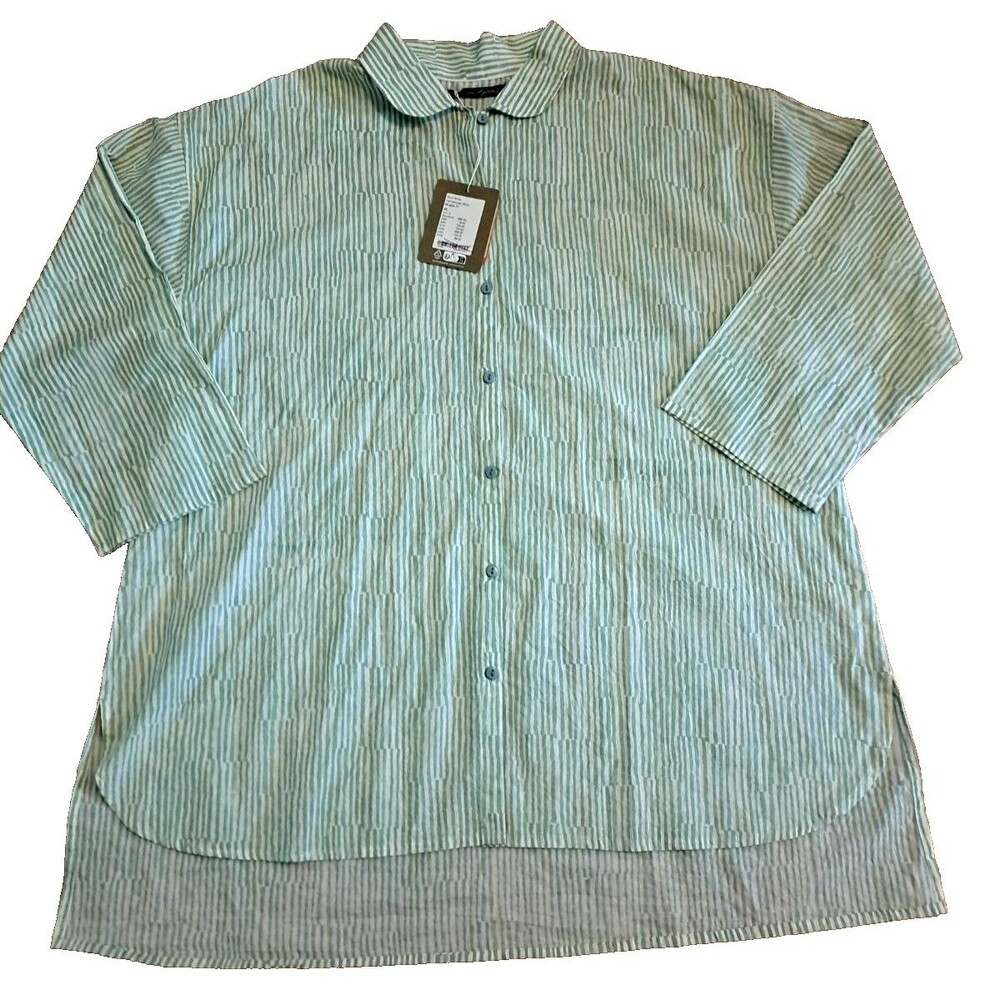 New Gudrun Sjoden Top Organic Cotton Green Striped Lagenlook Lightweight NWT XL